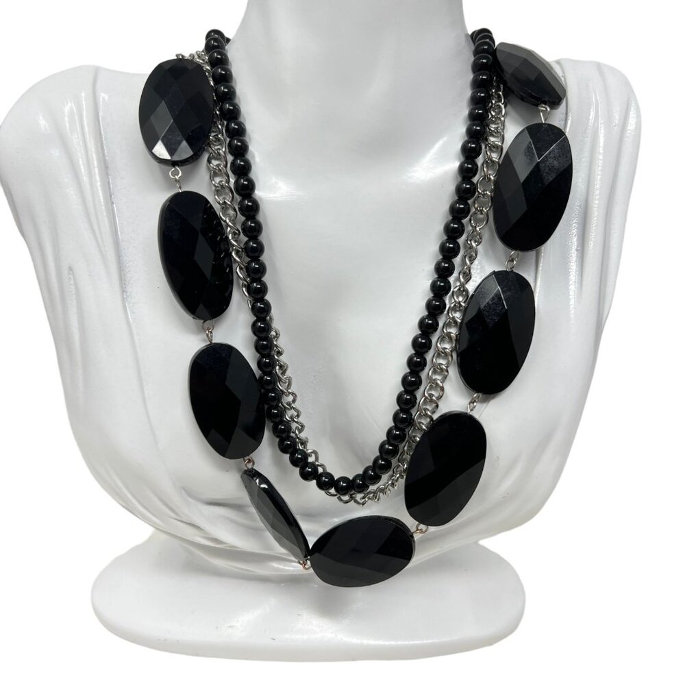 Silver Tone Necklace Multi Strand‎ Chain and Large Faceted Black Beads